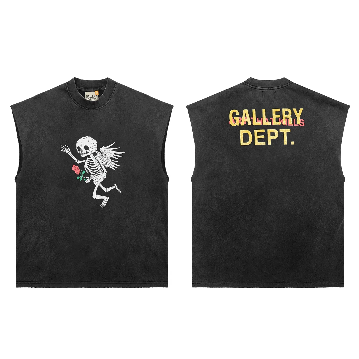 pt model number #G1003 P116 GALLERY DEPT. Distressed and frayed sleeveless waistcoat short sleeves. Skeleton ☠️ hand-held rose print. Made of 280G double yarn pure cotton. The fabric is comfortable and stylish. After washing and distressing, the upper body becomes more fashionable and cool. The collar and hem are frayed. The design is full. The US version is too large. Color: washed black. Size S/M/L/XL